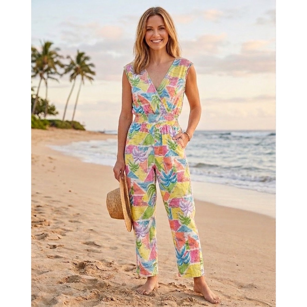 Vintage Can Cans Jumpsuit Womens Multicolor Tropical Palm Tree Print Cotton